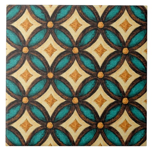 Talavera 18 Teal Brown Ivory Mediterranean Lattice タイル (正面)