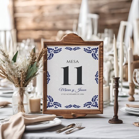 Talavera Blue Floral Minimalist Spanish Wedding テーブルナンバー