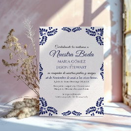 Talavera Blue Floral Minimalist Spanish Wedding 招待状