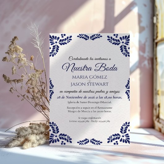 Talavera Blue Floral Minimalist Spanish Wedding 招待状