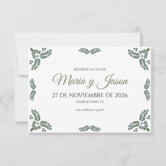 Talavera Green Floral Minimalist Spanish Wedding セーブザデート (正面)