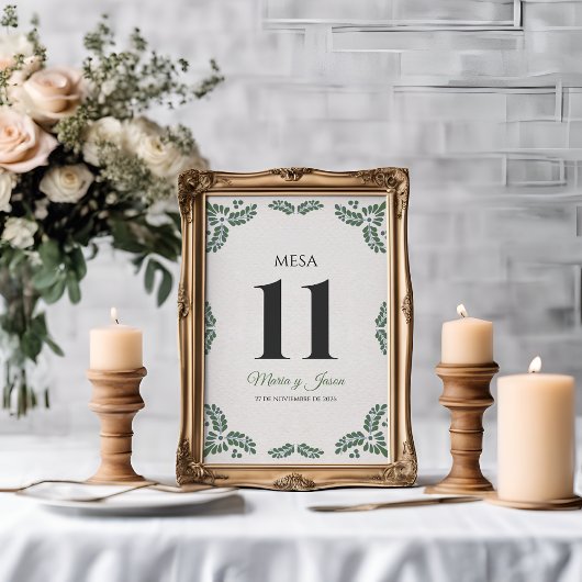 Talavera Green Floral Minimalist Spanish Wedding テーブルナンバー