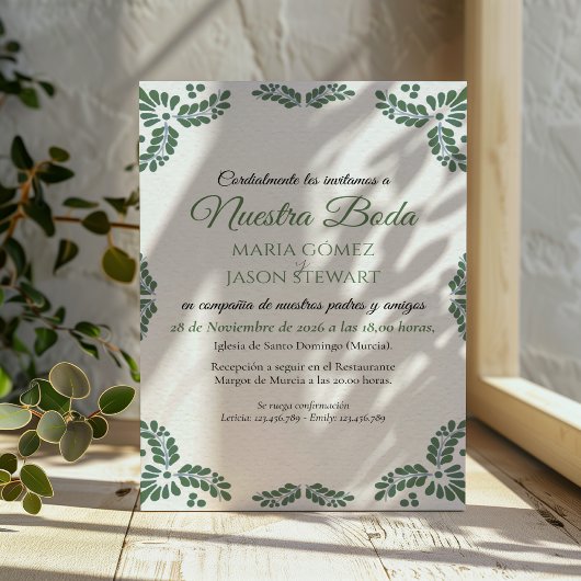 Talavera Green Floral Minimalist Spanish Wedding 招待状