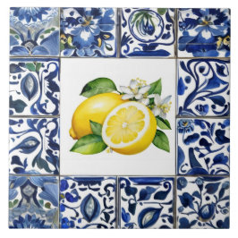 Talavera Lemons Dark Blue and White Mediterranean タイル