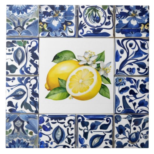Talavera Lemons Dark Blue and White Mediterranean タイル (正面)