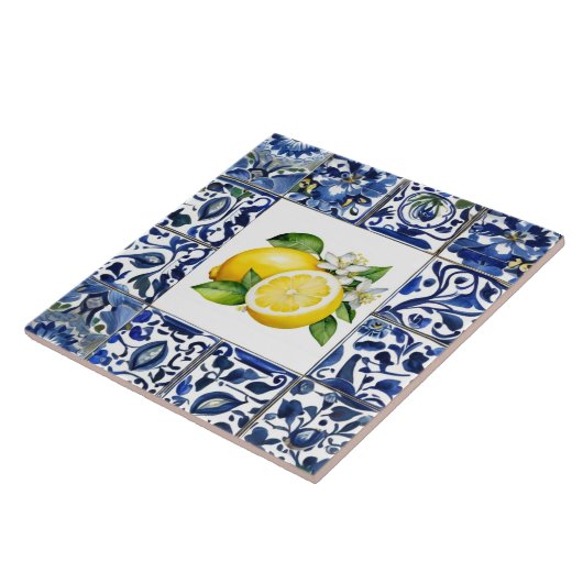 Talavera Lemons Dark Blue and White Mediterranean タイル (側面)