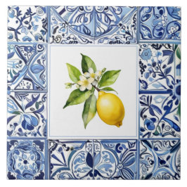 Talavera Lemons Light Blue and White Mediterranean タイル