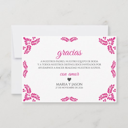 Talavera Pink Floral Minimalist Spanish Wedding サンキューカード (正面)