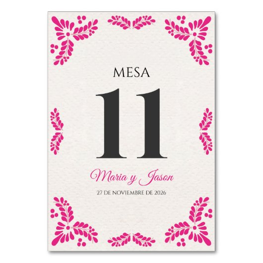 Talavera Pink Floral Minimalist Spanish Wedding テーブルナンバー (正面)