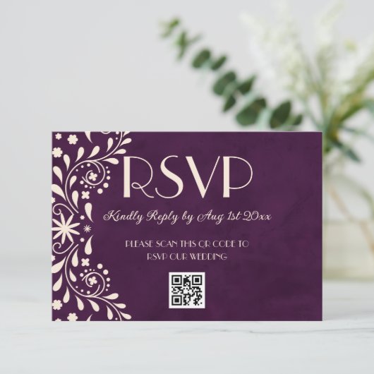 Talavera Plum Floral Wedding QR code 出欠カード (スタンド正面)