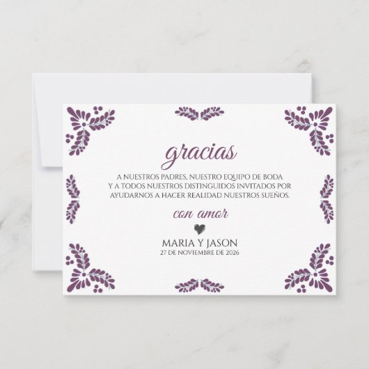 Talavera Purple Floral Minimalist Spanish Wedding サンキューカード (正面)