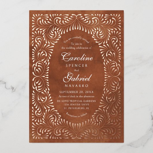 Talavera Terracotta Mexican Wedding 箔招待状 (正面)