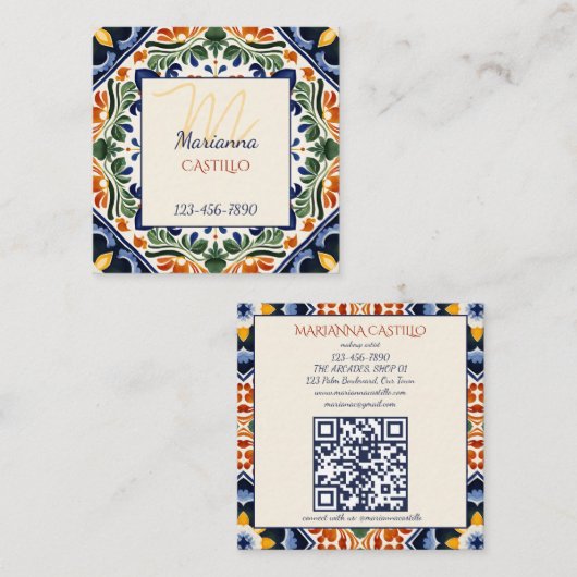 Talavera vintage Mexican folk art スクエア名刺 (正面/裏面)