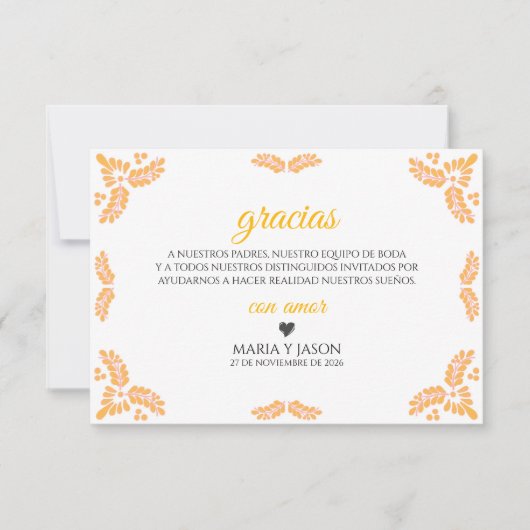 Talavera Yellow Floral Minimalist Spanish Wedding サンキューカード (正面)
