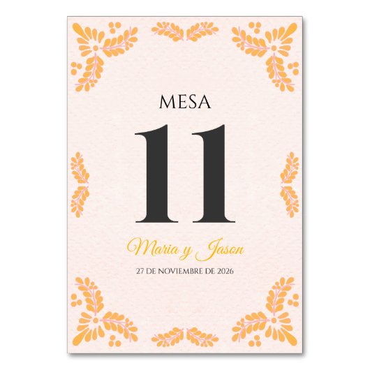 Talavera Yellow Floral Minimalist Spanish Wedding テーブルナンバー (正面)