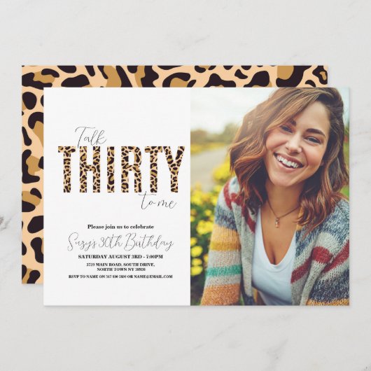 Talk Thirty to Me Leopardフォトウーメン誕生日 招待状 (正面/裏面)