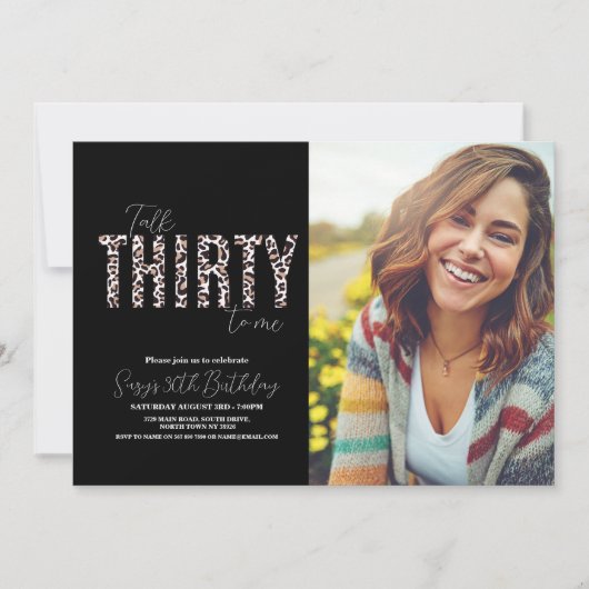 Talk Thirty to Me Leopardフォトウーメン誕生日 招待状 (正面)