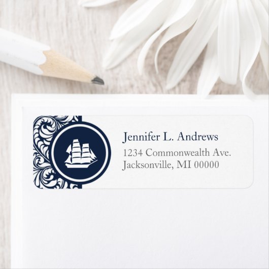 Tall Ships Navy Damask住所 シール (インサイチュ)