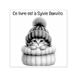 Tampon encreur en bois chat avec chapeau de laine. セルフインキングスタンプ