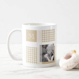 Tanあなたの写真を追加Gingham Brown モダン Monogram コーヒーマグカップ
