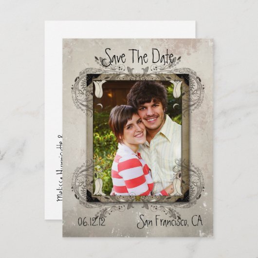 Tanヴィンテージグランジフローラ写真Save The Date 案内ポストカード (正面/裏面)