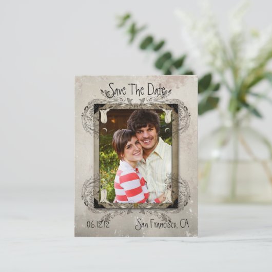 Tanヴィンテージグランジフローラ写真Save The Date 案内ポストカード (スタンド正面)