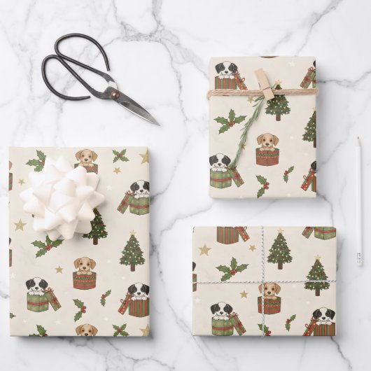 Tan and Black & White Puppies Christmas Pattern ラッピングペーパーシート (正面)