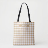 Tan Beige Plaid Gingham Personalized トートバッグ (正面)
