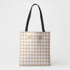 Tan Beige Plaid Gingham Personalized トートバッグ