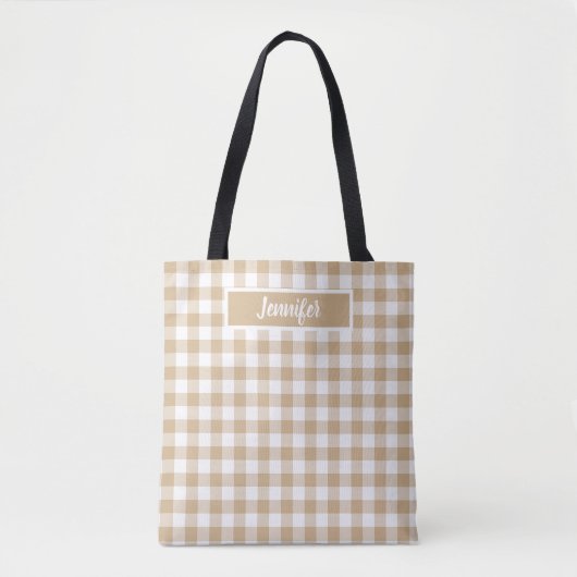 Tan Beige Plaid Gingham Personalized トートバッグ (正面)