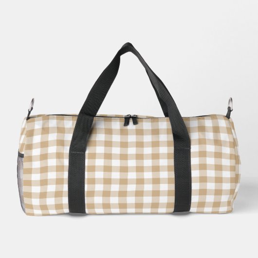 Tan Beige White Gingham Plaid ダッフルバッグ (裏面)