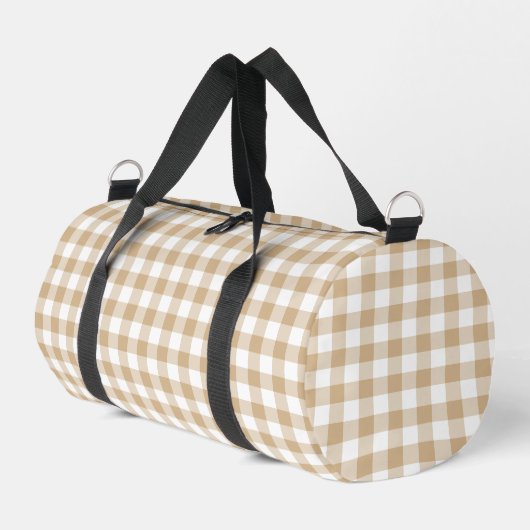 Tan Beige White Gingham Plaid ダッフルバッグ (左コーナー)
