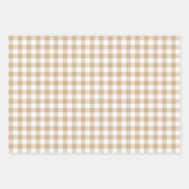 Tan Beige White Gingham Plaid ラッピングペーパーシート