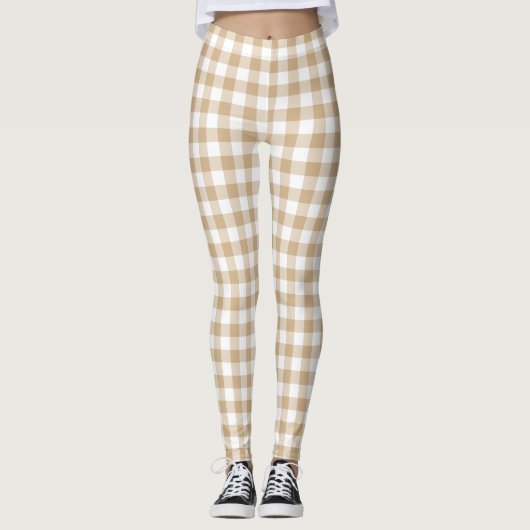 Tan Beige White Gingham Plaid レギンス (正面)