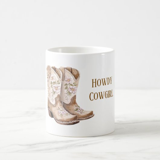 Tan Brown Blush Pink Floral Cowgirl Boots コーヒーマグカップ (中央)