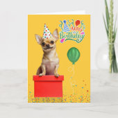 Tan Chihuahua Dog Party Hat Yellow Birthday カード (正面)
