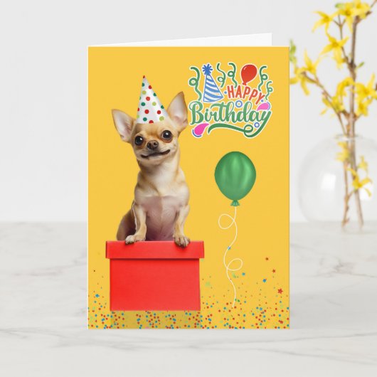 Tan Chihuahua Dog Party Hat Yellow Birthday カード (黄色い花)