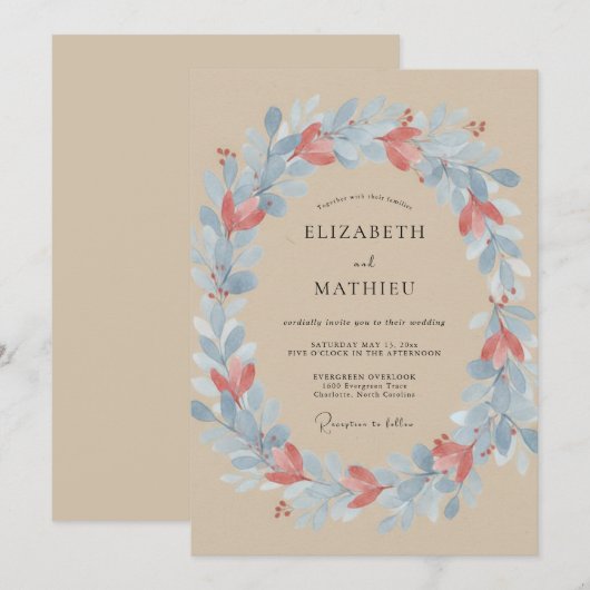 Tan Coral Ethereal Rustic Wedding 招待状 (正面/裏面)