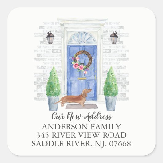 Tan Dachshund Blue Door新しい住所ラベル スクエアシール (正面)