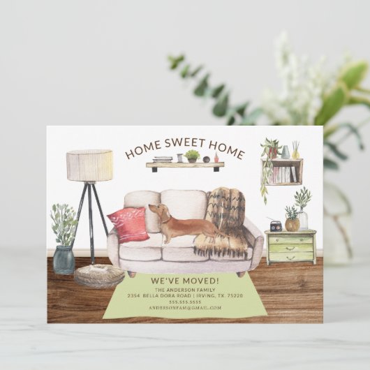 Tan Dachshund Dog Moving Announcement 招待状 (スタンド正面)