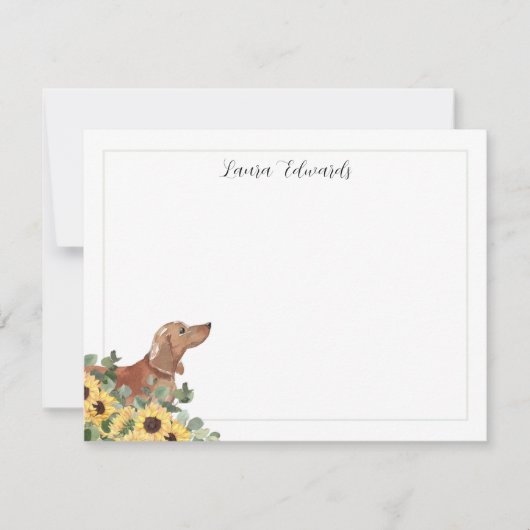 Tan Dachshund Sunflower Eucalyptus Personalized ノートカード (正面)