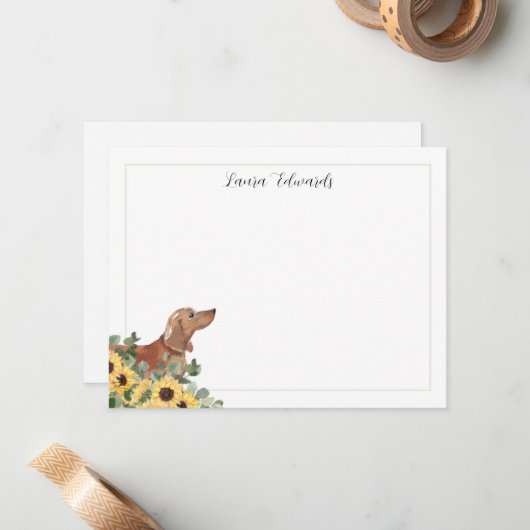 Tan Dachshund Sunflower Eucalyptus Personalized ノートカード (正面/裏面インサイチュ)