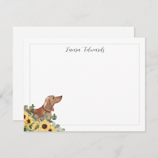 Tan Dachshund Sunflower Eucalyptus Personalized ノートカード (正面/裏面)