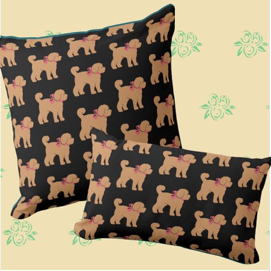 Tan Doodle Dog Black Background Pillow クッション