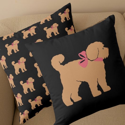 Tan Doodle Dog Black Background Pillow クッション