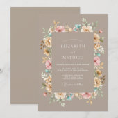 Tan Floral Arrangement Romance Wedding 招待状 (正面/裏面)