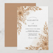Tan Floral Brushstroke Romance Wedding 招待状 (正面/裏面)
