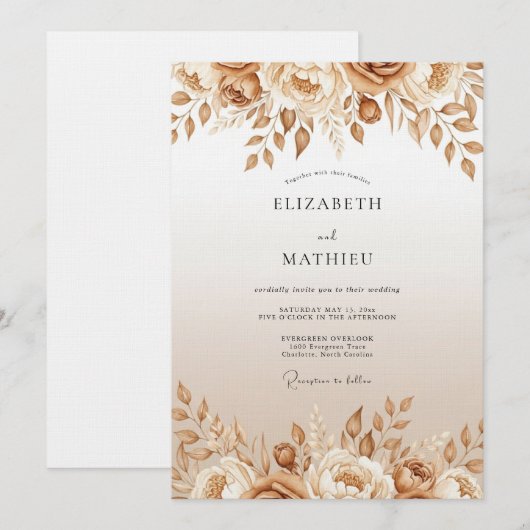 Tan Floral Enchantment Wedding 招待状 (正面/裏面)