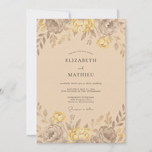 Tan Floral Romantic Flourish Wedding 招待状 (正面)