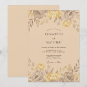 Tan Floral Romantic Flourish Wedding 招待状 (正面/裏面)